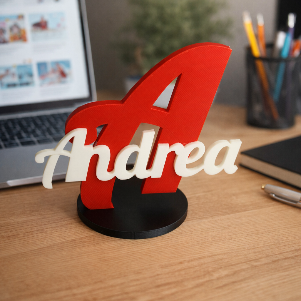 Soprammobile personalizzato con iniziale grande e nome su base, decorazione in resina colorata, marca MyCustomLab
