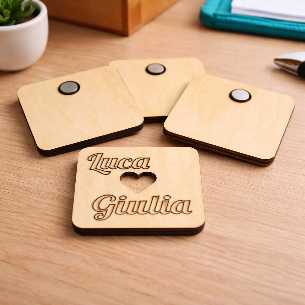Calamite in legno personalizzate con due nomi, decorativi e colorati, ideale per personalizzare frigorifero o lavagna.