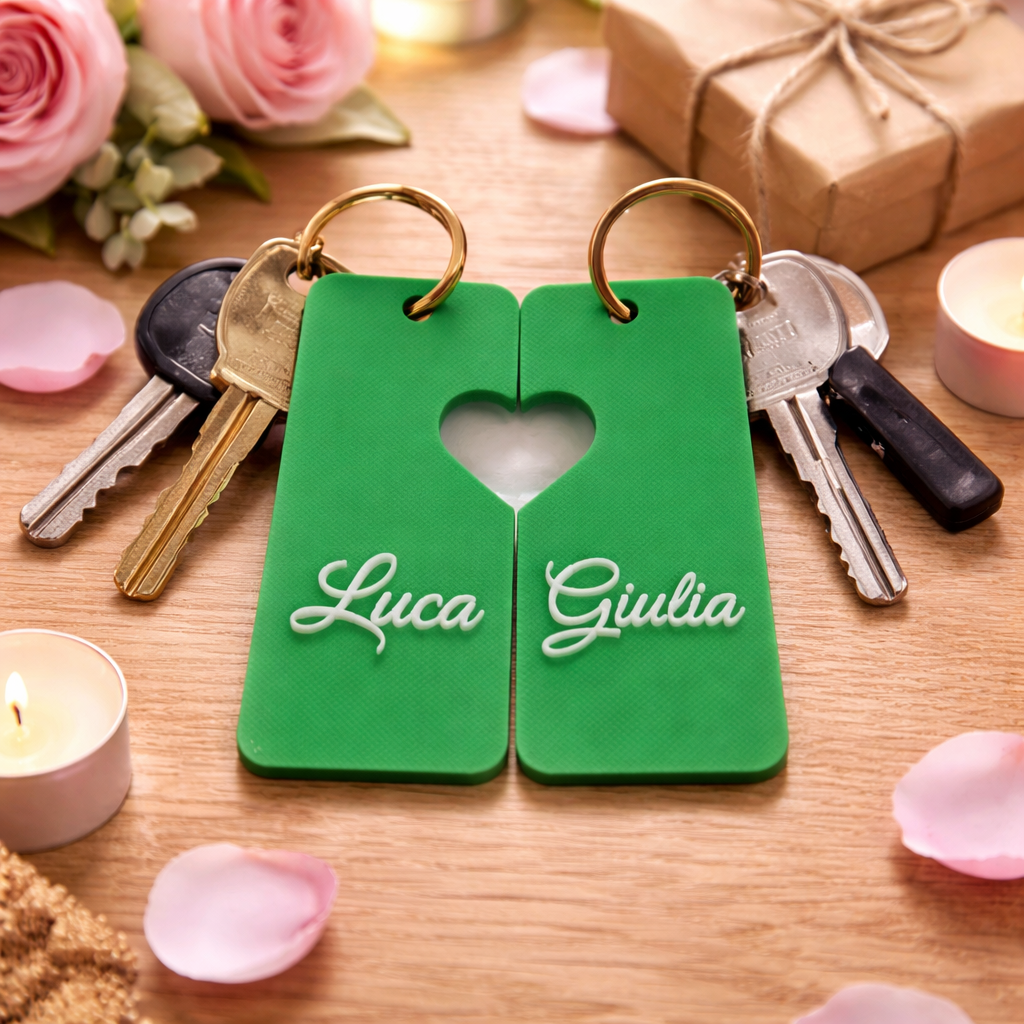 Set di portachiavi a forma di cuore personalizzati con nomi, in metallo, decorativi e ideali come regalo.