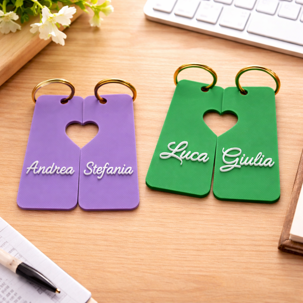 Set di portachiavi a forma di cuore personalizzati con nomi, realizzati da MyCustomLab, con dettagli in rilievo e finitura lucida.