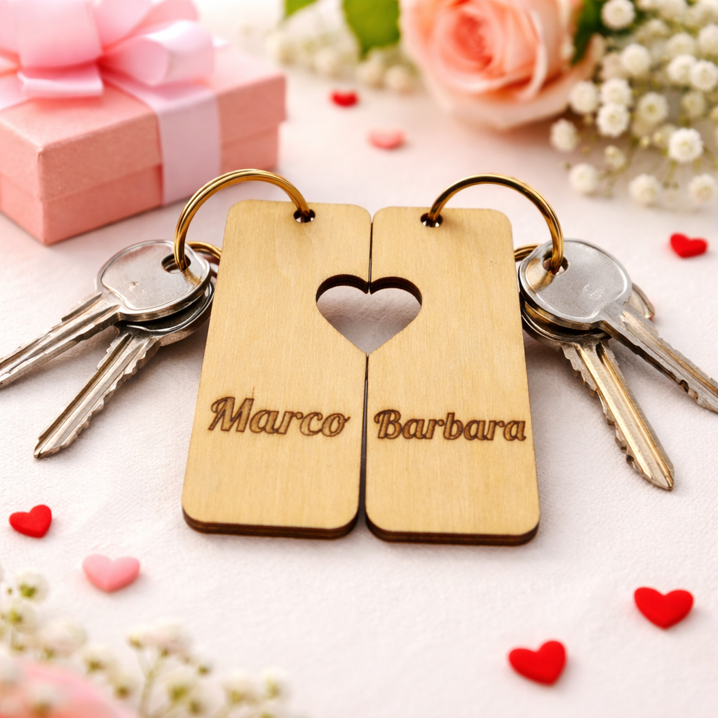 Set di portachiavi cuore in legno personalizzati con nomi, realizzati da MyCustomLab, visibili con dettagli di incisione e cordino.