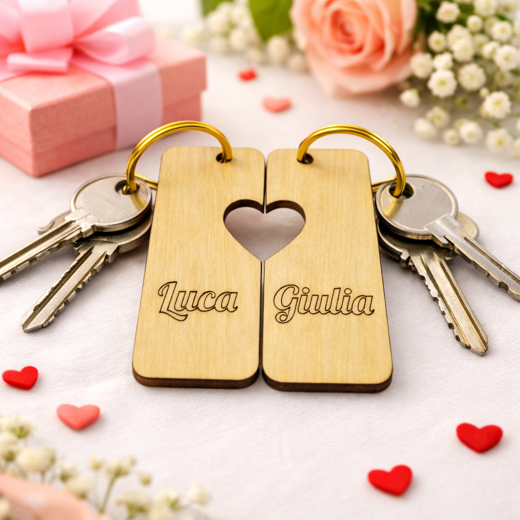 Set di portachiavi cuore personalizzati in legno con nomi, decorativi e ideali come regalo, di MyCustomLab.