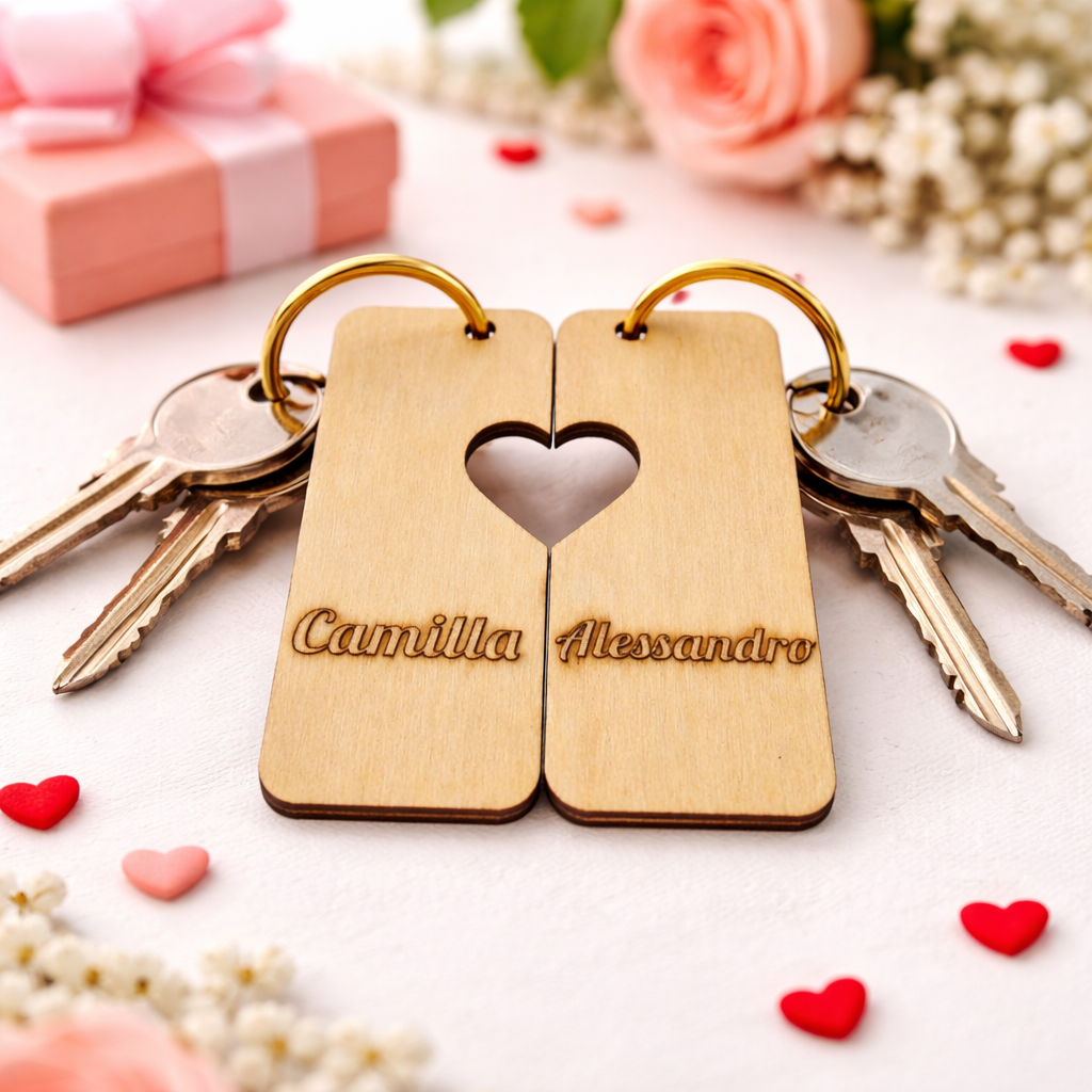 Set di portachiavi a forma di cuore in legno personalizzati con nomi, perfetti come regalo.