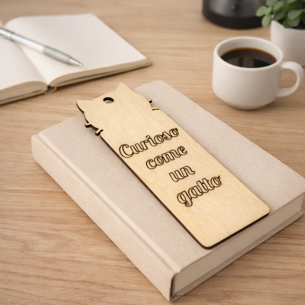 Segnalibro in legno personalizzato con scritta, dettagli decorativi, brand MyCustomLab, ideale come segnalibro elegante e unico