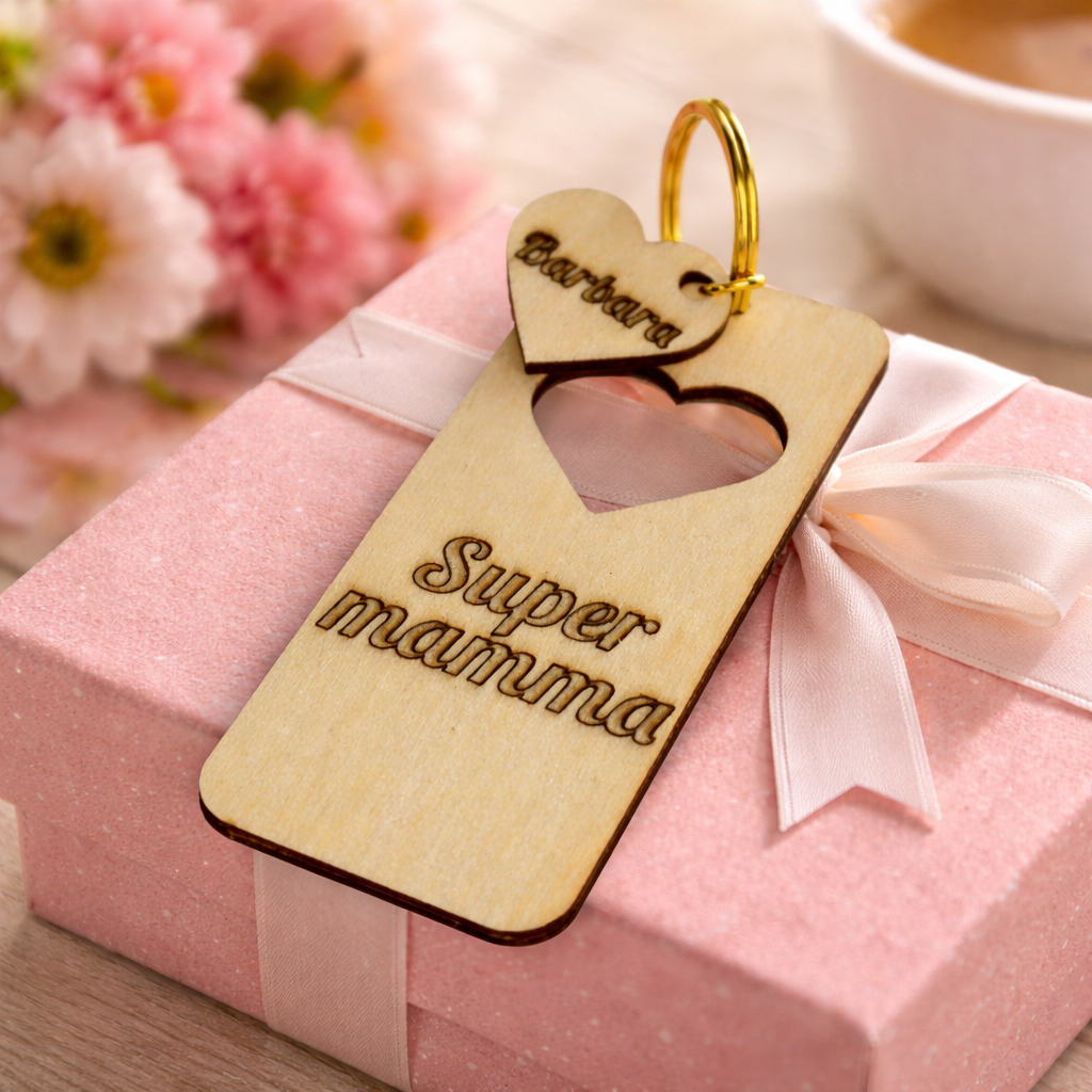 Portachiavi personalizzato in legno con cuore e nomi, decorativo e ideale come regalo, realizzato da Il mio negozio.