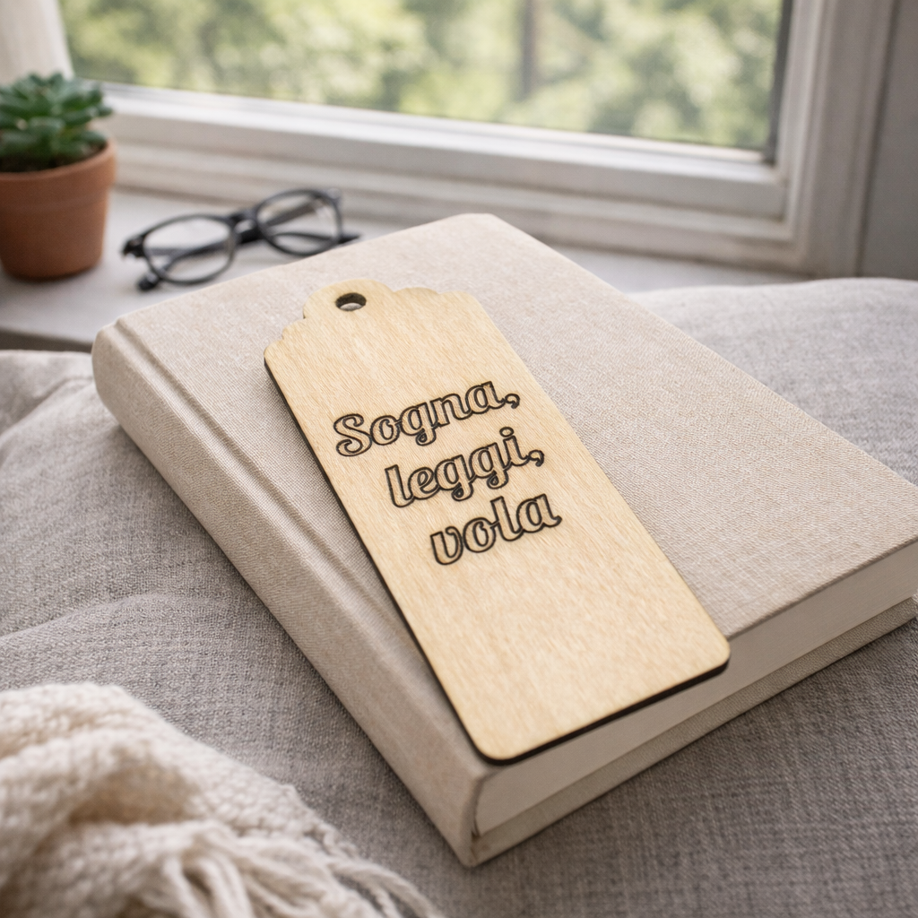 Segnalibro in legno personalizzato con scritta, prodotto artigianale di MyCustomLab, con dettagli eleganti e finitura liscia