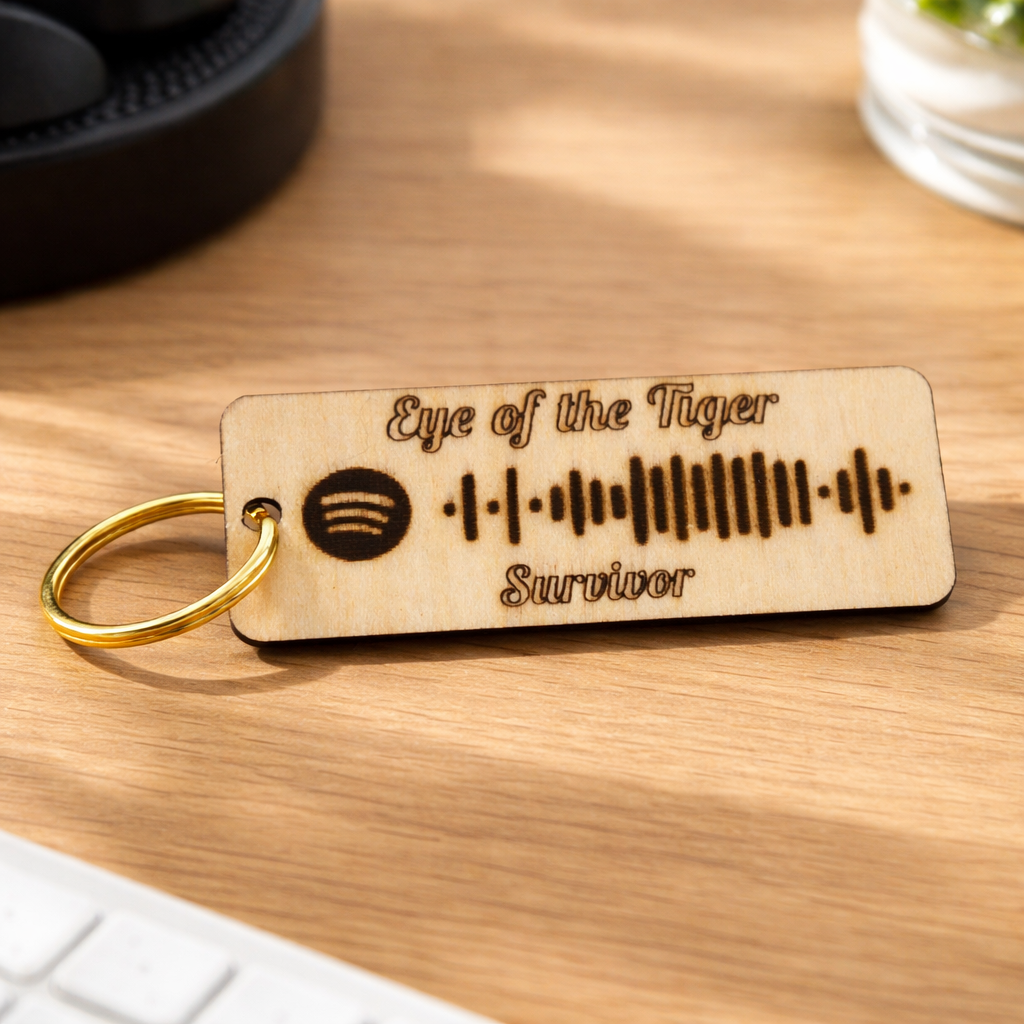 Portachiavi Spotify in legno personalizzato con canzone, marca MyCustomLab, mostra dettagli del portachiavi con incisioni e design naturale