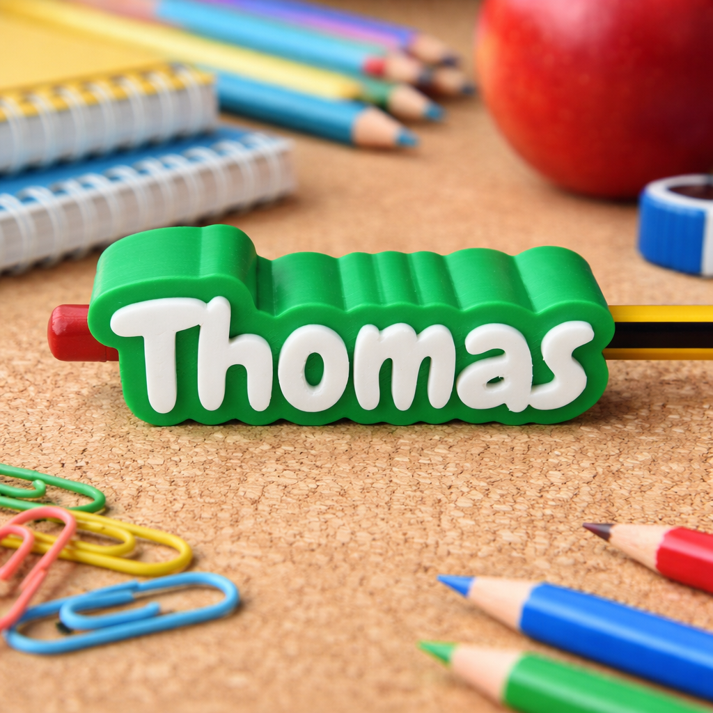 Decorazione per matita personalizzata con nome Thomas, fermacellulo in plastica con design unico, prodotto da MyCustomLab.