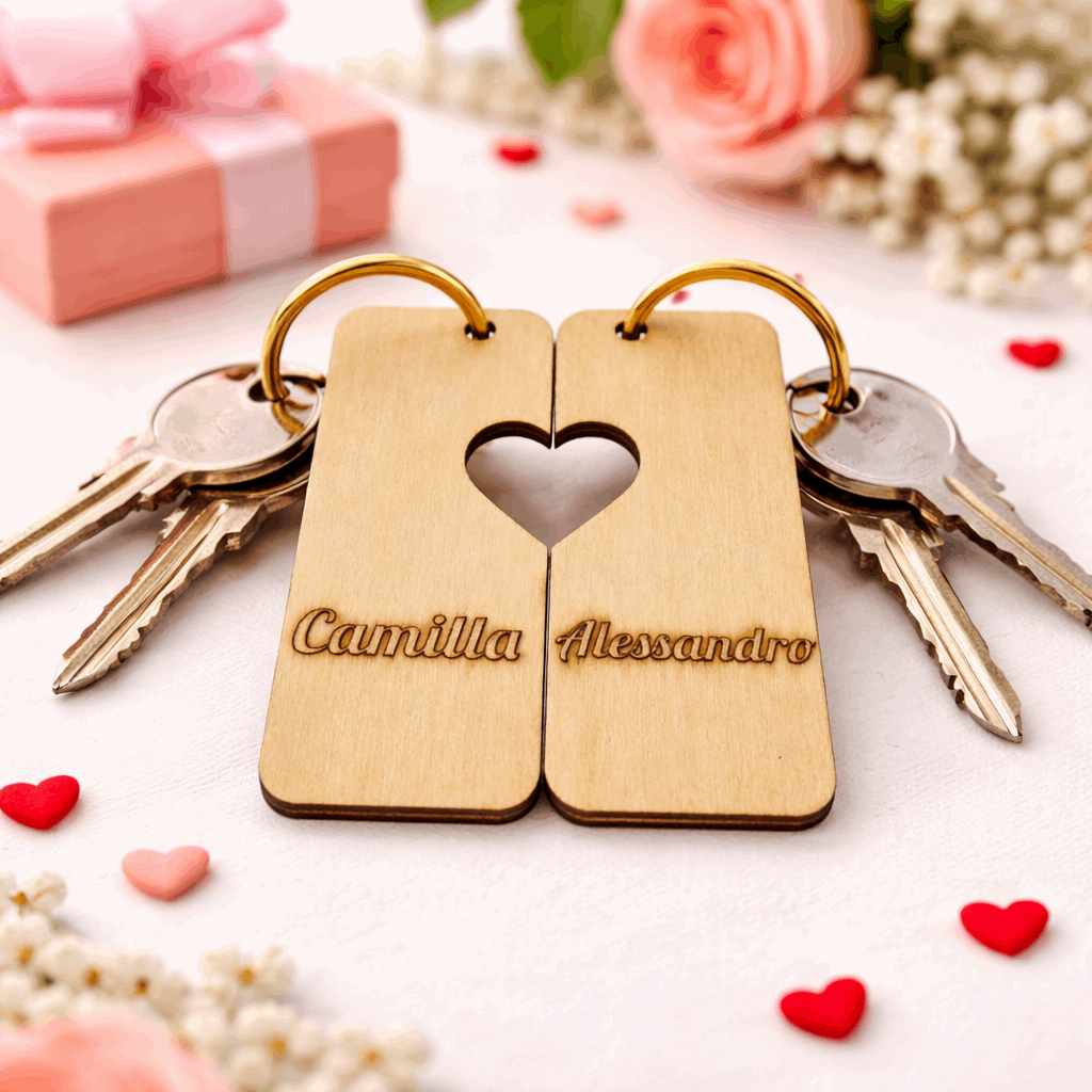 Set portachiavi cuore personalizzato in legno con nomi - MyCustomLab